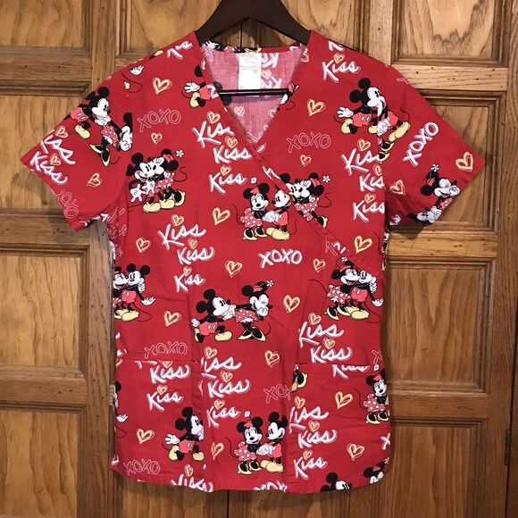 Disney Mickey & Minnie Mouse Scrub Top Women's XS Red Wrap Cinch Back 3 Pocket - Picture 1 of 12